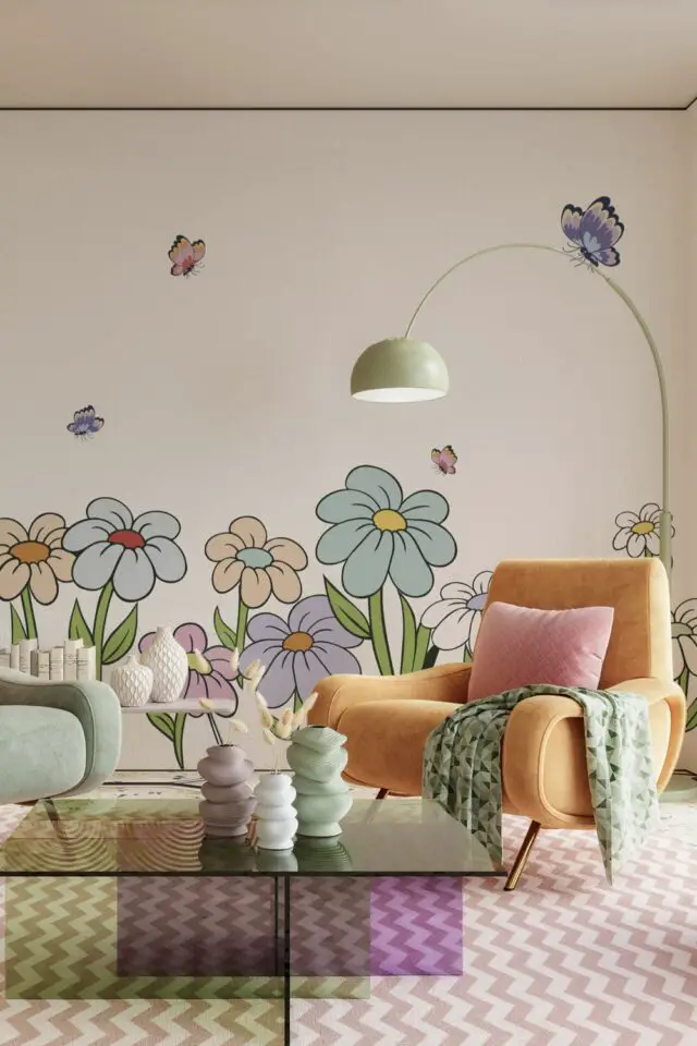 décoration mur stickers moderne salon séjour motif fleur couleur pastel alternative papier peint 