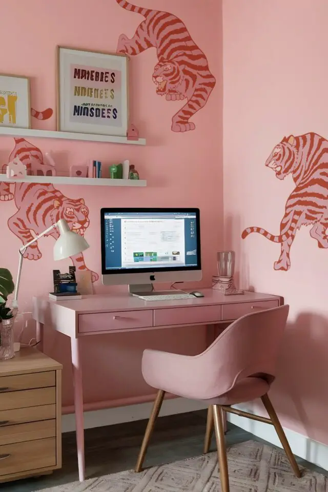décoration mur stickers moderne chambre ado rose délimitation espace bureau motif tigre rose 