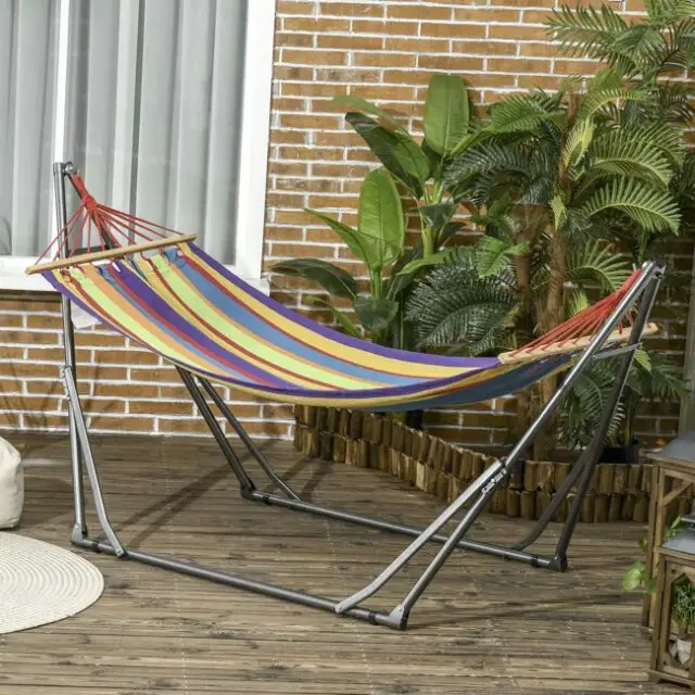Hamac de jardin pliable avec support acier toile multicolore