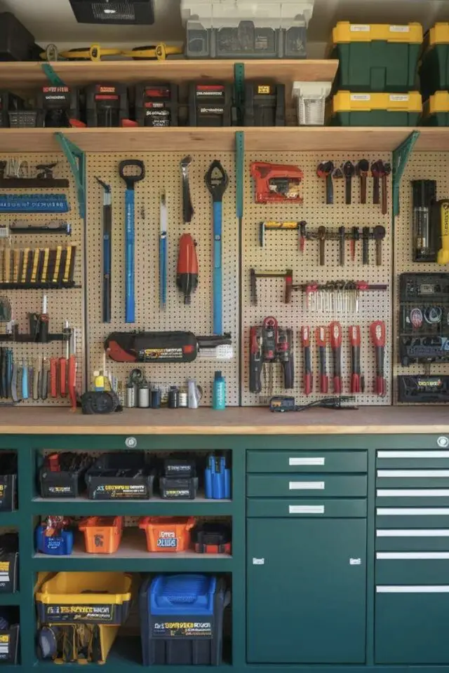 organisation garage rangement établi outils crédence pegboard meuble étagères murale en hauteur 