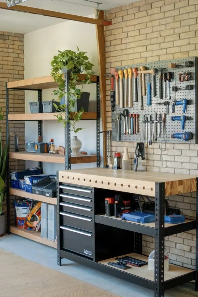 organisation garage rangement établi et étagère pegboard mural espace épuré 