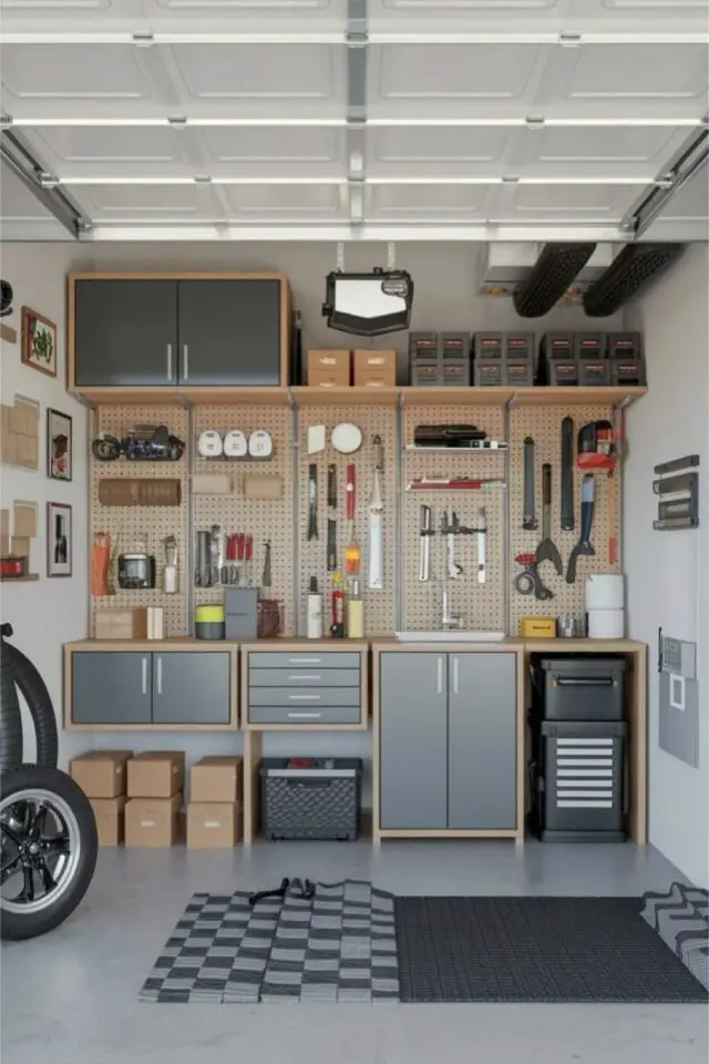 organisation garage maison en longueur établi meuble et crédence étagère simple et pratique 