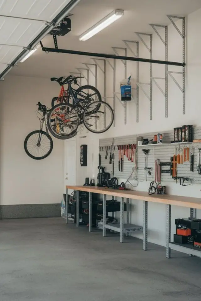 organisation garage maison système stockage vélo en hauteur dessus établi 