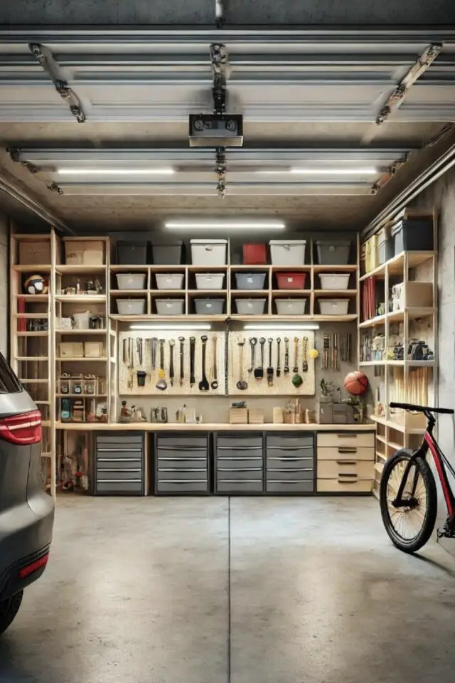 organisation garage maison pan de mur optimisé meuble bas étagère établi avec crédence 